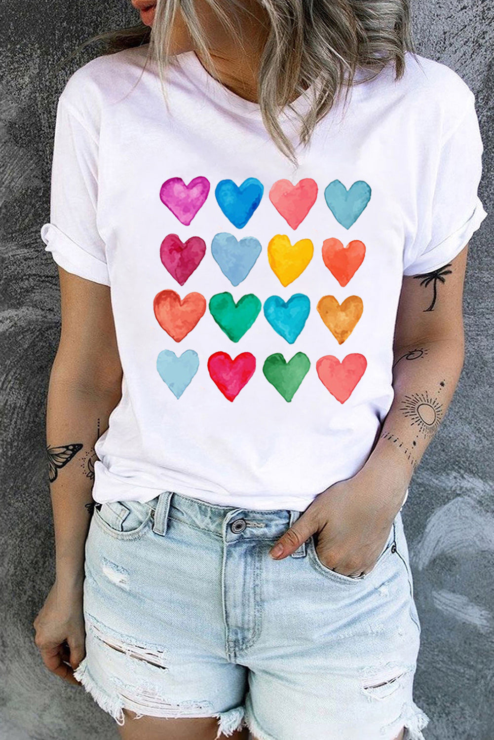 White Colorful Heart Shaped Print Crew Neck T Shirt Graphic Tees JT's Designer Fashion