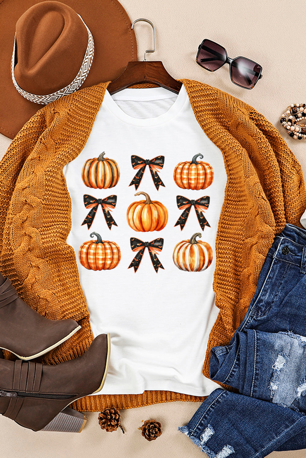 White Halloween Pumpkin Bow Knot Print Crew Neck Tee Graphic Tees JT's Designer Fashion