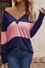 Blue Stripe Colorblock Button Decor Long Sleeve V Neck Top Long Sleeve Tops JT's Designer Fashion