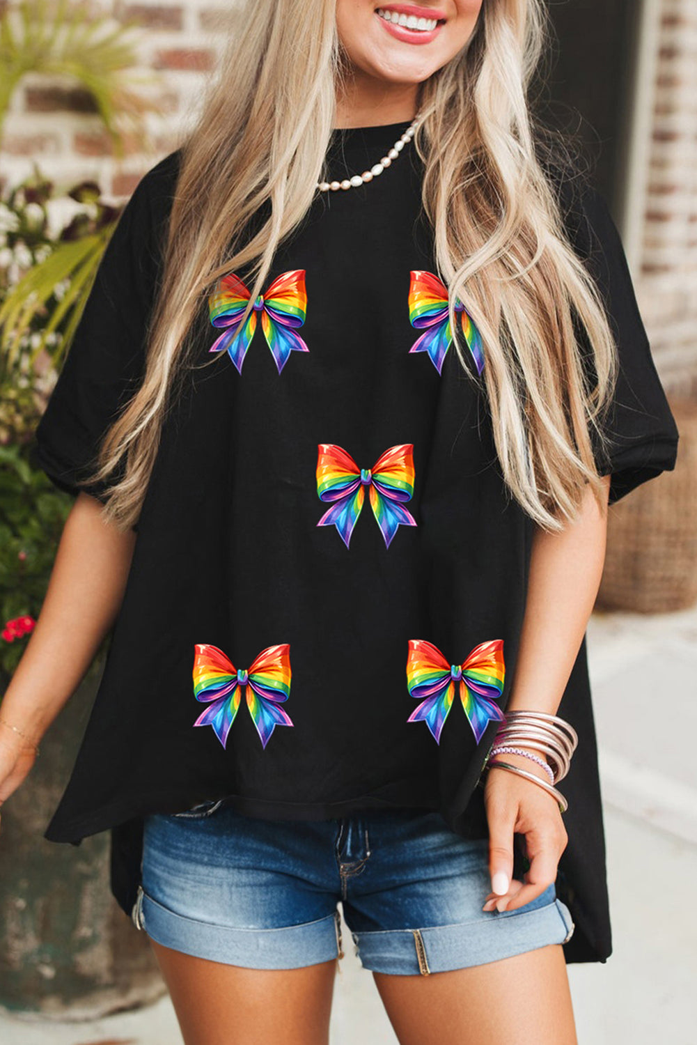 Black Pride Bow Print Oversize Cotton T Shirt Graphic Tees JT's Designer Fashion