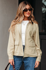 Parchment Contrast Leather Collar Textured Zip Up Jacket Jackets JT's Designer Fashion
