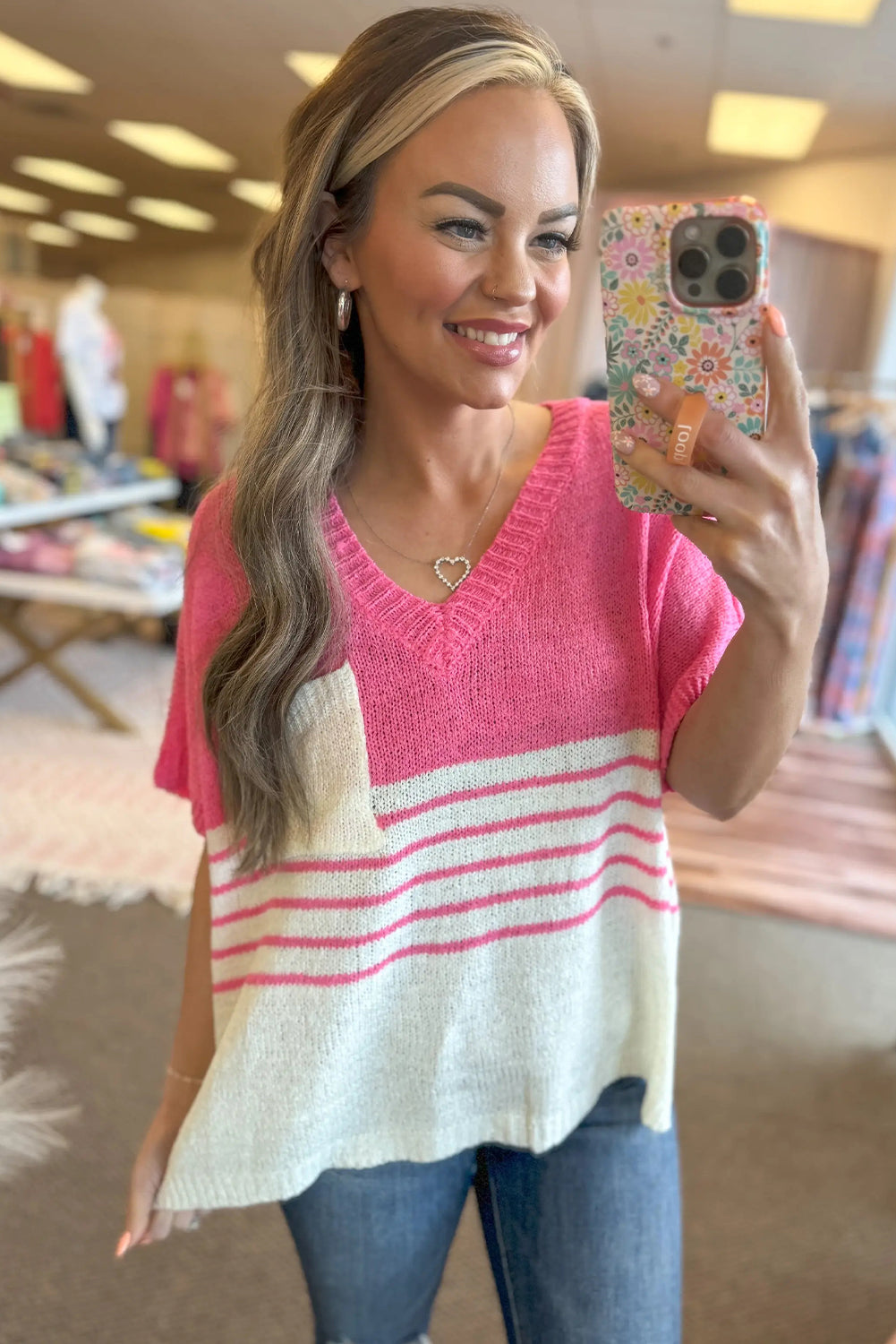 Strawberry Pink Striped Patchwork V Neck Knitted Loose Top Sweaters & Cardigans JT's Designer Fashion