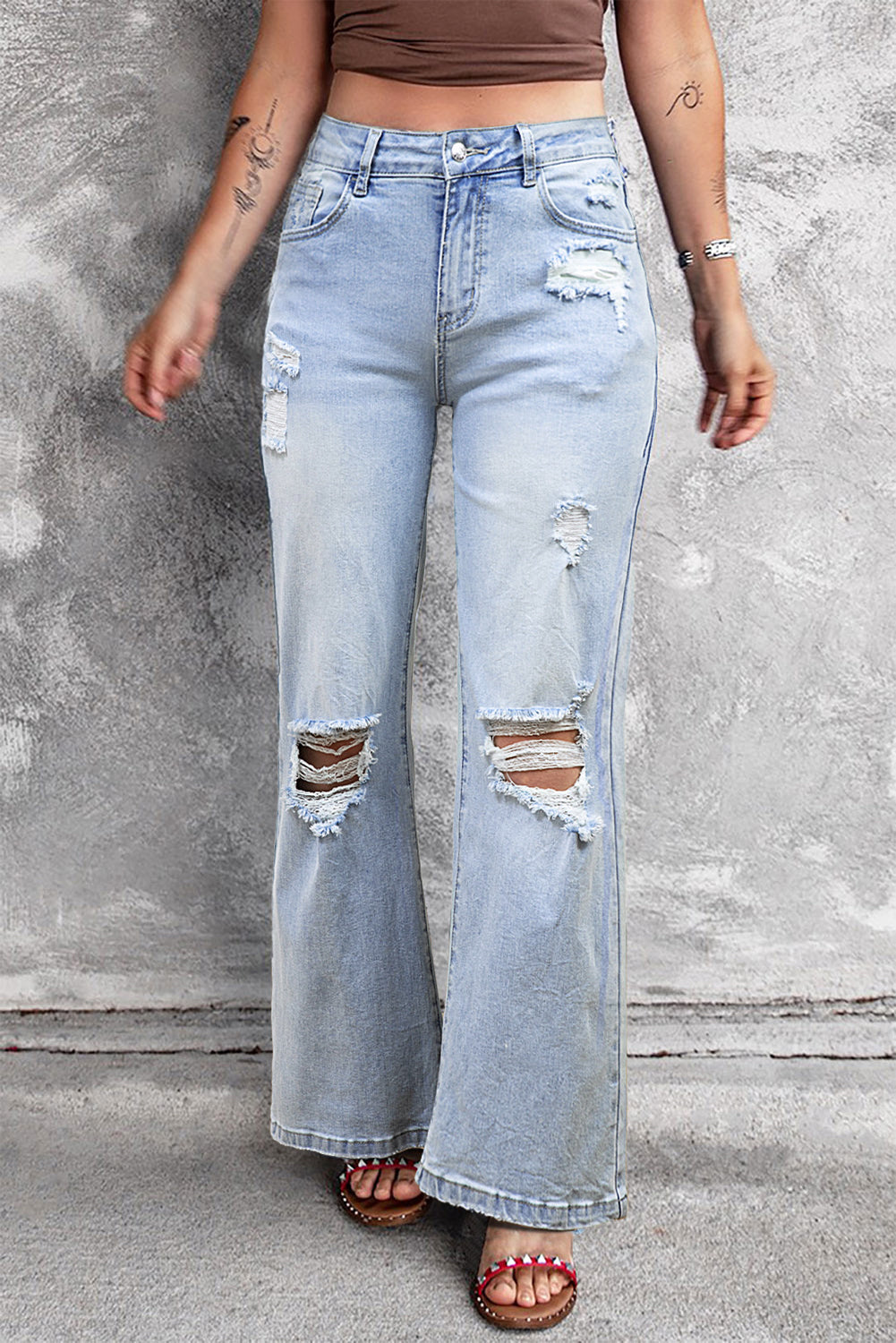 DEAR-LOVER Beau Blue Vintage Light Wash Distressed Flare Jeans Beau Blue 93%Cotton+5%polyester+2%Elastane Jeans JT's Designer Fashion