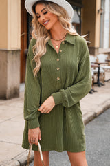 Moss Green Corded Buttons Placket Drop Shoulder Collared Shift Dress Mini Dresses JT's Designer Fashion