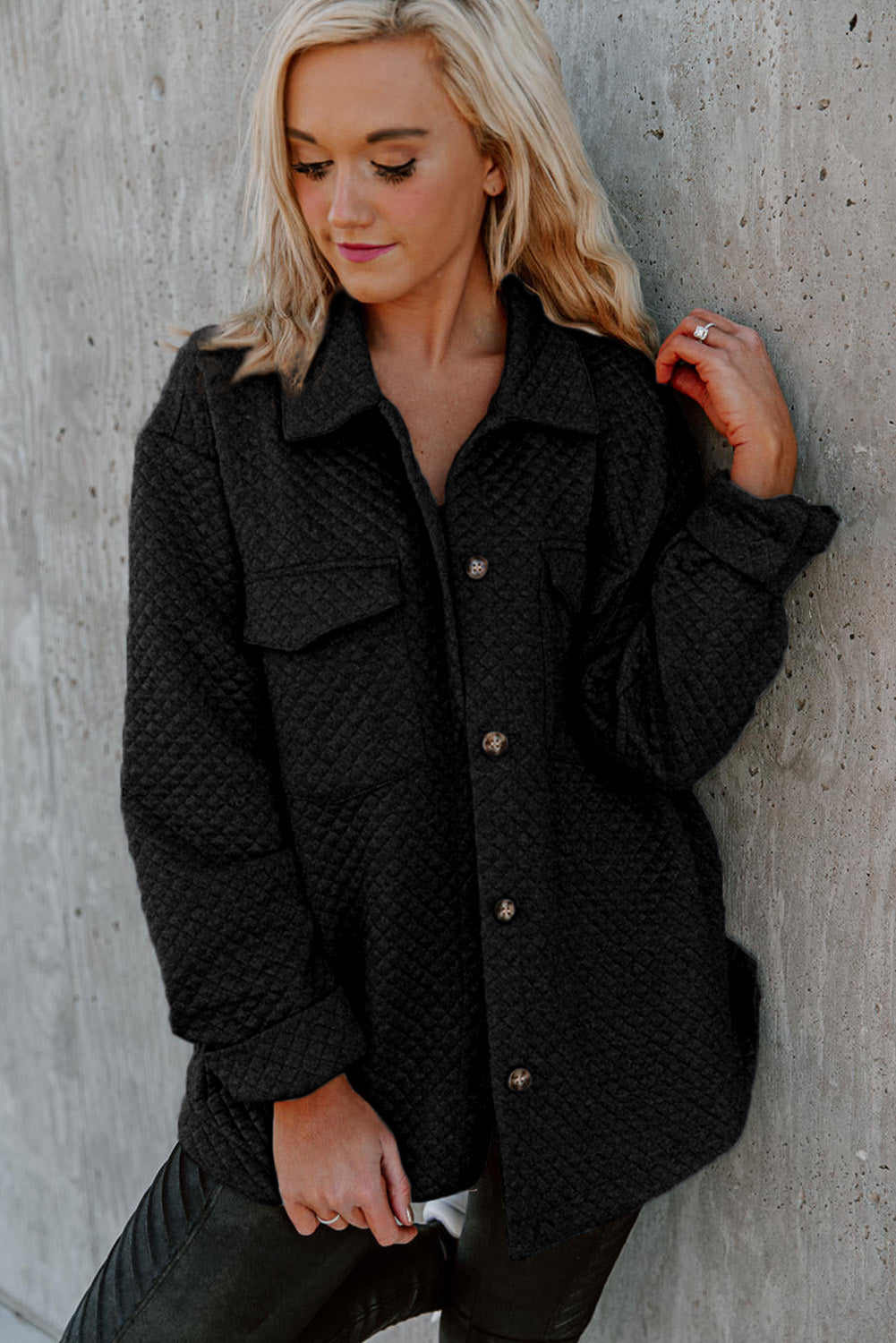 Black Retro Quilted Flap Pocket Button Shacket Jackets JT's Designer Fashion