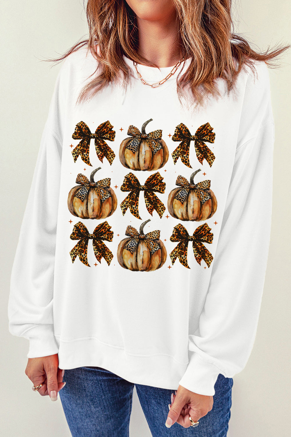 Beige Pumpkin Leopard Bow Knot Print Pullover Sweatshirt Graphic Sweatshirts JT's Designer Fashion