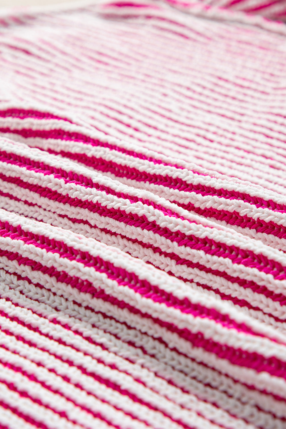 Bright Pink Striped Textured Knit Contrast Edge Loose Sweater Sweaters JT's Designer Fashion
