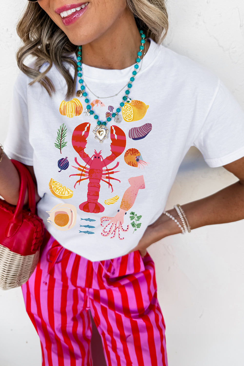 White Crawfish Food Ingredient Graphic Crewneck Tee Graphic Tees JT's Designer Fashion