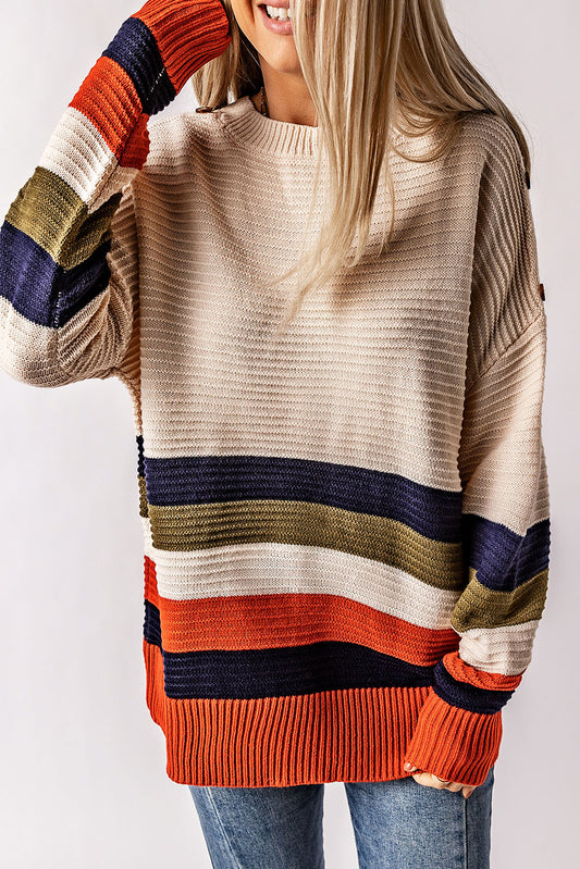 White Buttoned Shoulder Drop Shoulder Striped Sweater Sweaters & Cardigans JT's Designer Fashion