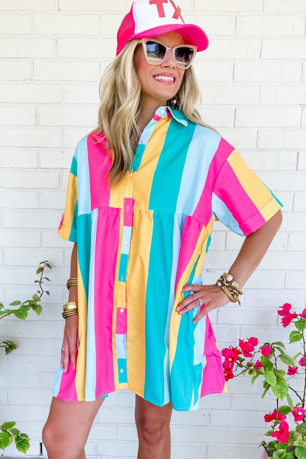 Rose Stripe Colorblock Short Sleeve Mini Shirt Dress Dresses JT's Designer Fashion