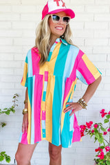 Rose Stripe Colorblock Short Sleeve Mini Shirt Dress Dresses JT's Designer Fashion