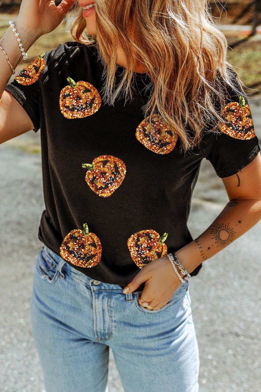 Black Sequin Pumpkin Face Halloween T Shirt Graphic Tees JT's Designer Fashion