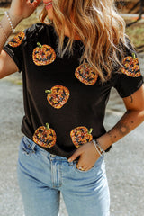 Black Sequin Pumpkin Face Halloween T Shirt Graphic Tees JT's Designer Fashion