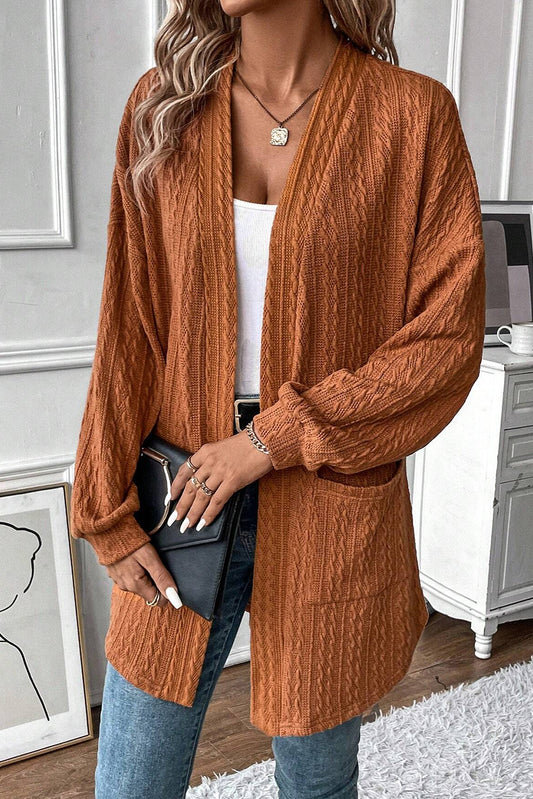 Chestnut Textured Knit Side Pockets Open Front Cardigan Cardigans JT's Designer Fashion