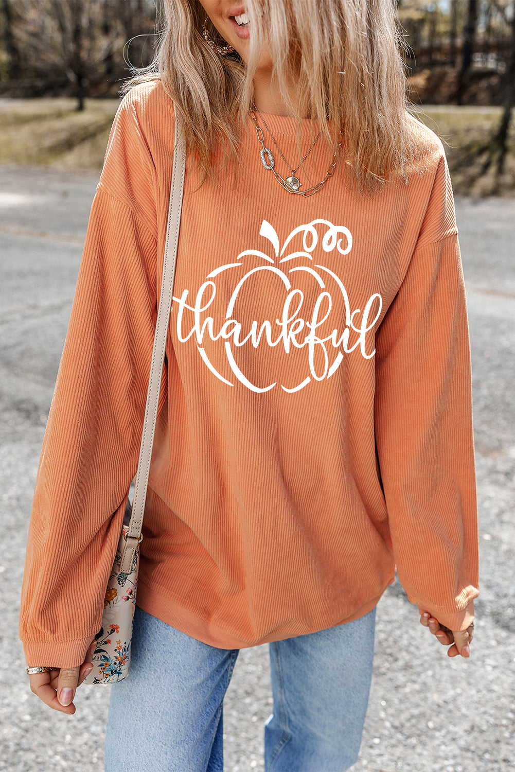Orange Pumpkin thankful Graphic Corded Thanksgiving Sweatshirt Graphic Sweatshirts JT's Designer Fashion