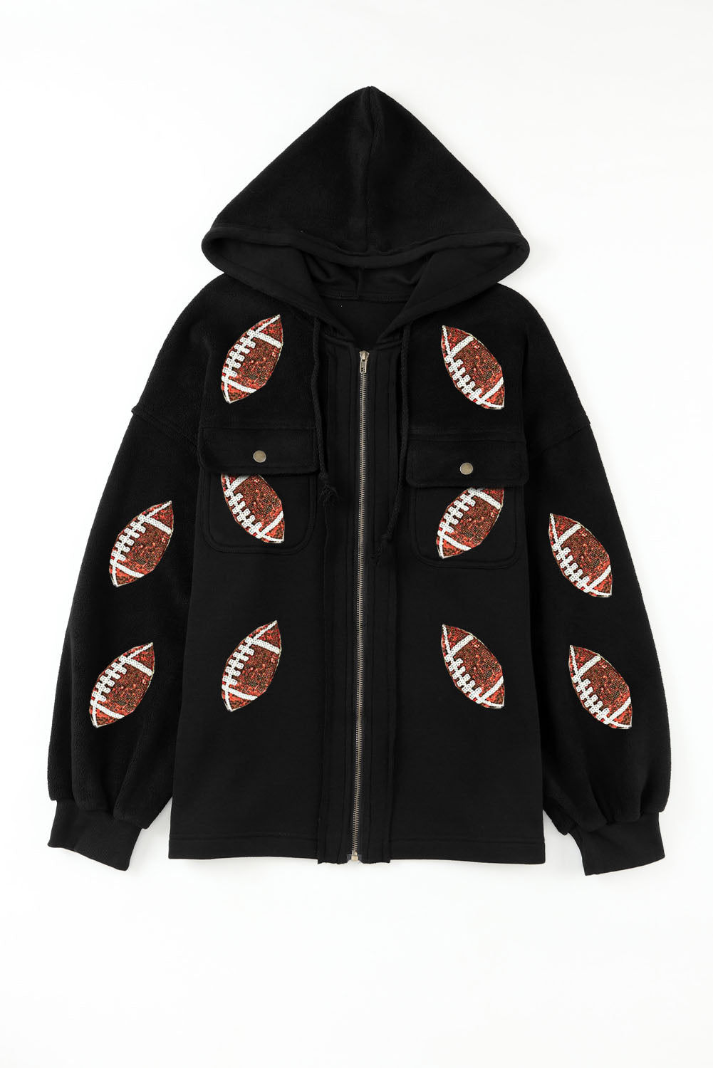 Black Sequined Rugby Football Pattern Pocketed Zipper Hooded Jacket Jackets JT's Designer Fashion