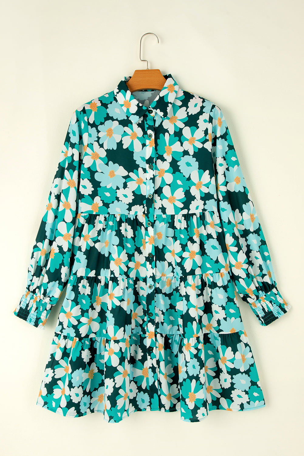 Green Floral Tiered Long Puff Sleeve Shirt Dress Floral Dresses JT's Designer Fashion