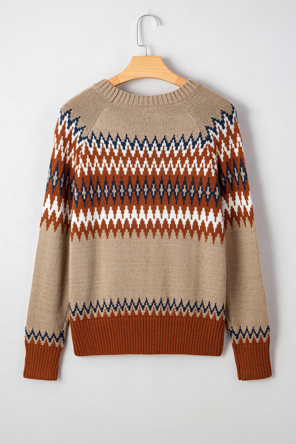 Khaki Aztec Print Colorblock Crew Neck Sweater Sweaters JT's Designer Fashion
