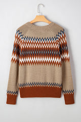 Khaki Aztec Print Colorblock Crew Neck Sweater Sweaters JT's Designer Fashion