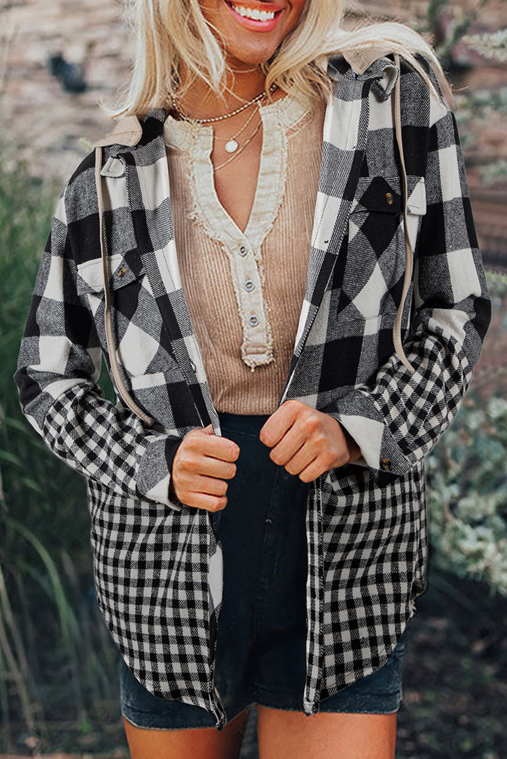 Black Double Plaid Patchwork Drawstring Hooded Shacket Black 100%Polyester Plaid Shackets JT's Designer Fashion