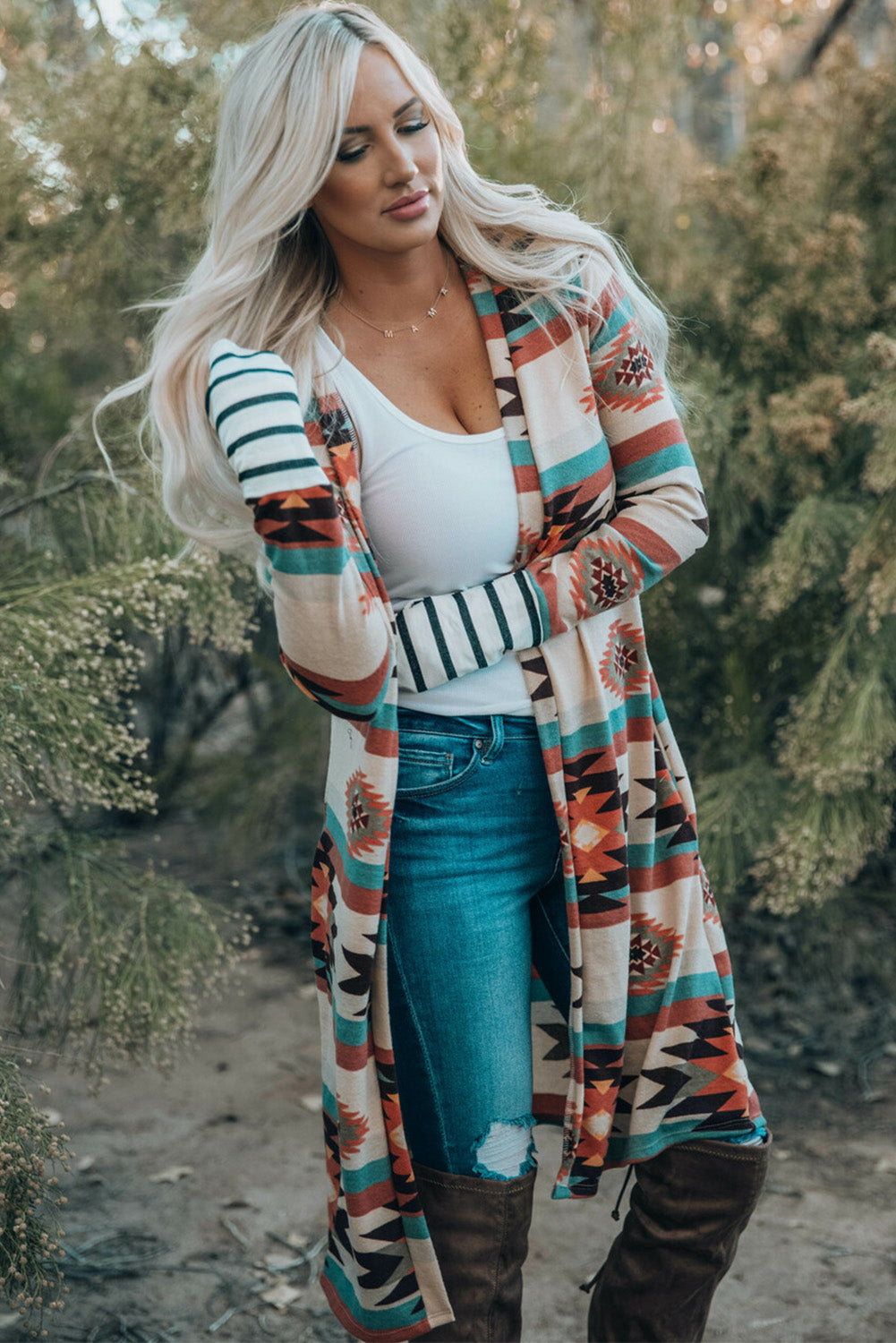 Multicolor Geometric Color Block Open Front Long Cardigan Sweaters & Cardigans JT's Designer Fashion