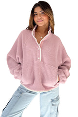 Fushia Stand Neck Half Button Zip Pocket Plush Sweatshirt Sweatshirts & Hoodies JT's Designer Fashion