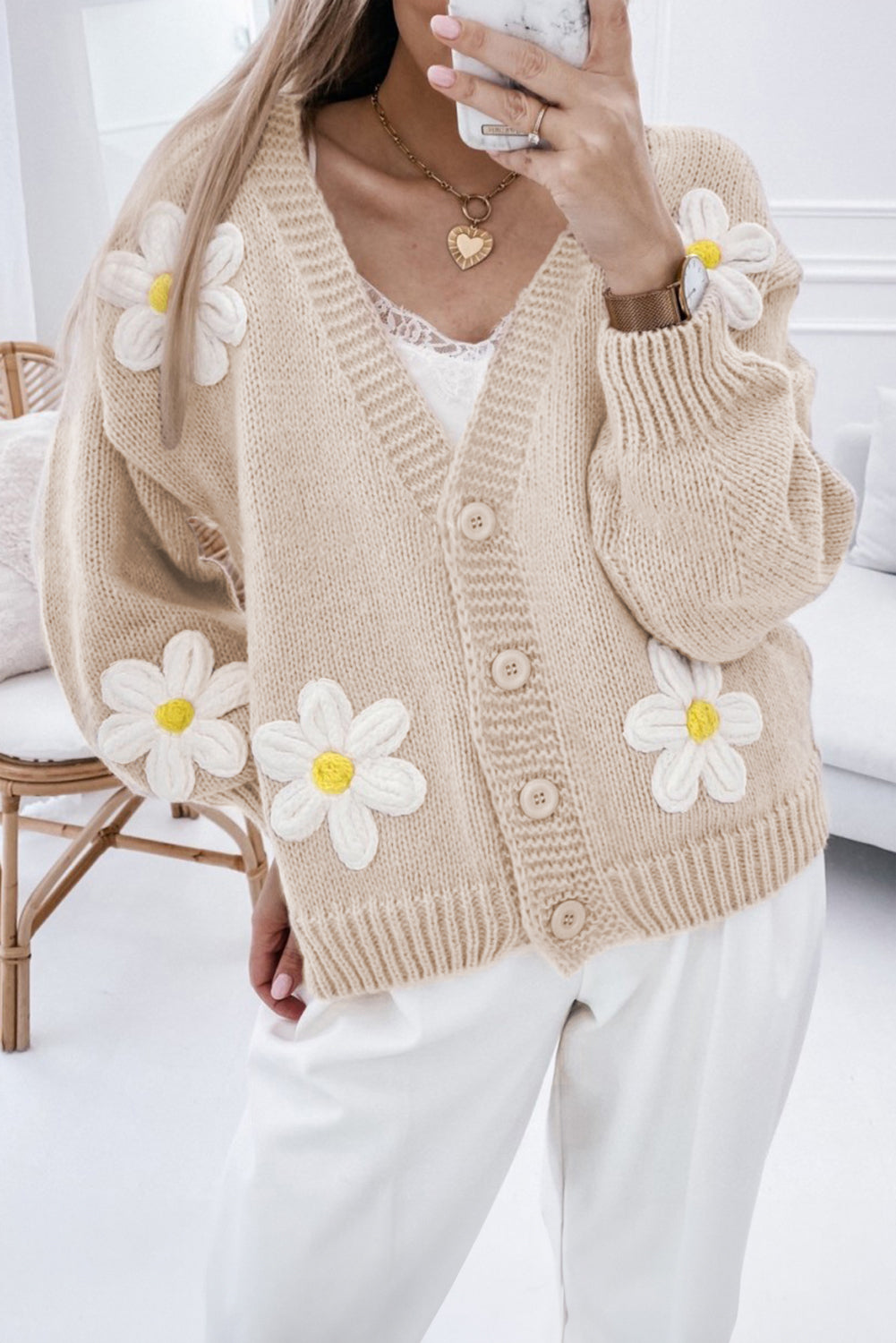 Parchment Elegant Flower Decor Button Front Cardigan Cardigans JT's Designer Fashion