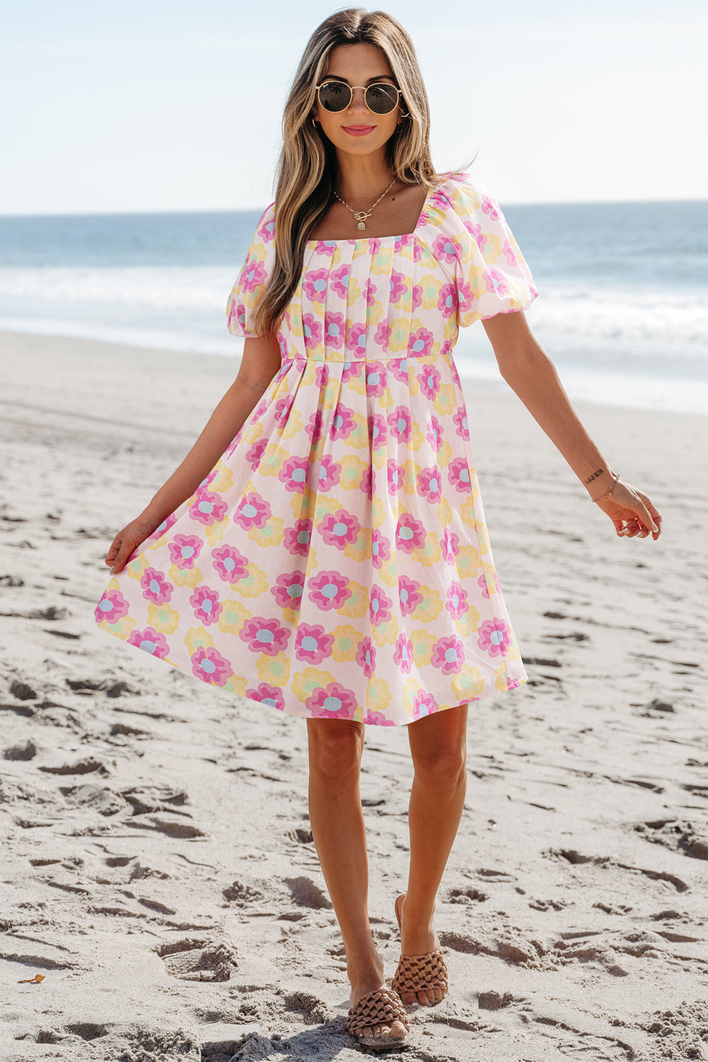 Rose Vibrant Floral Square Neck Puff Sleeve Pleated Flared Midi Dress Floral Dresses JT's Designer Fashion