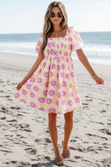 Rose Vibrant Floral Square Neck Puff Sleeve Pleated Flared Midi Dress Floral Dresses JT's Designer Fashion