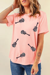 Pink Leopard Guitar Sequin Patch Crew Neck Tee Graphic Tees JT's Designer Fashion