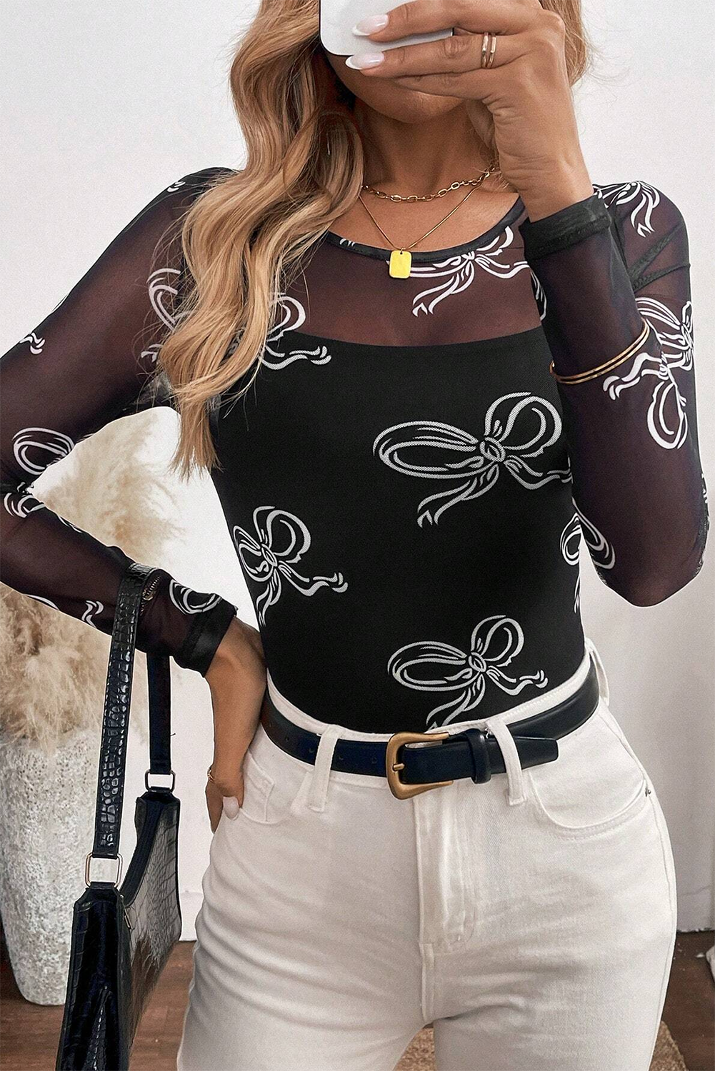 Black Round Neck Bow Print Long Sleeve Mesh Top Long Sleeve Tops JT's Designer Fashion