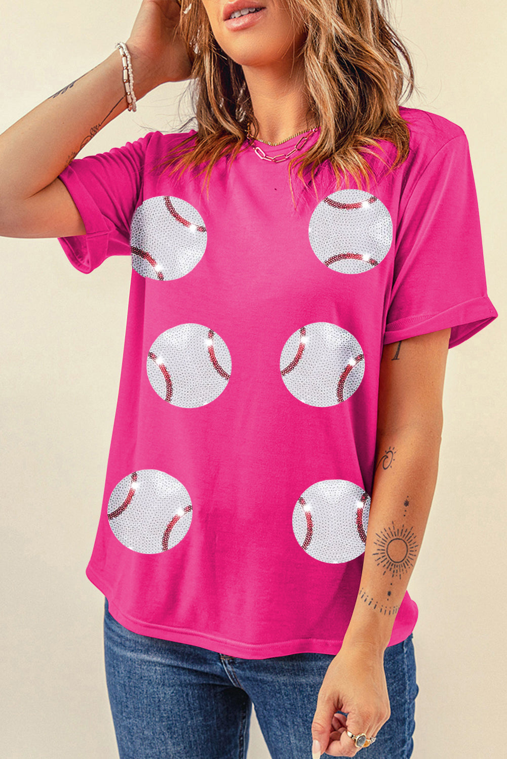 Rose Red Sequined Baseball Graphic Cotton T Shirt Graphic Tees JT's Designer Fashion