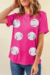 Rose Red Sequined Baseball Graphic Cotton T Shirt Graphic Tees JT's Designer Fashion