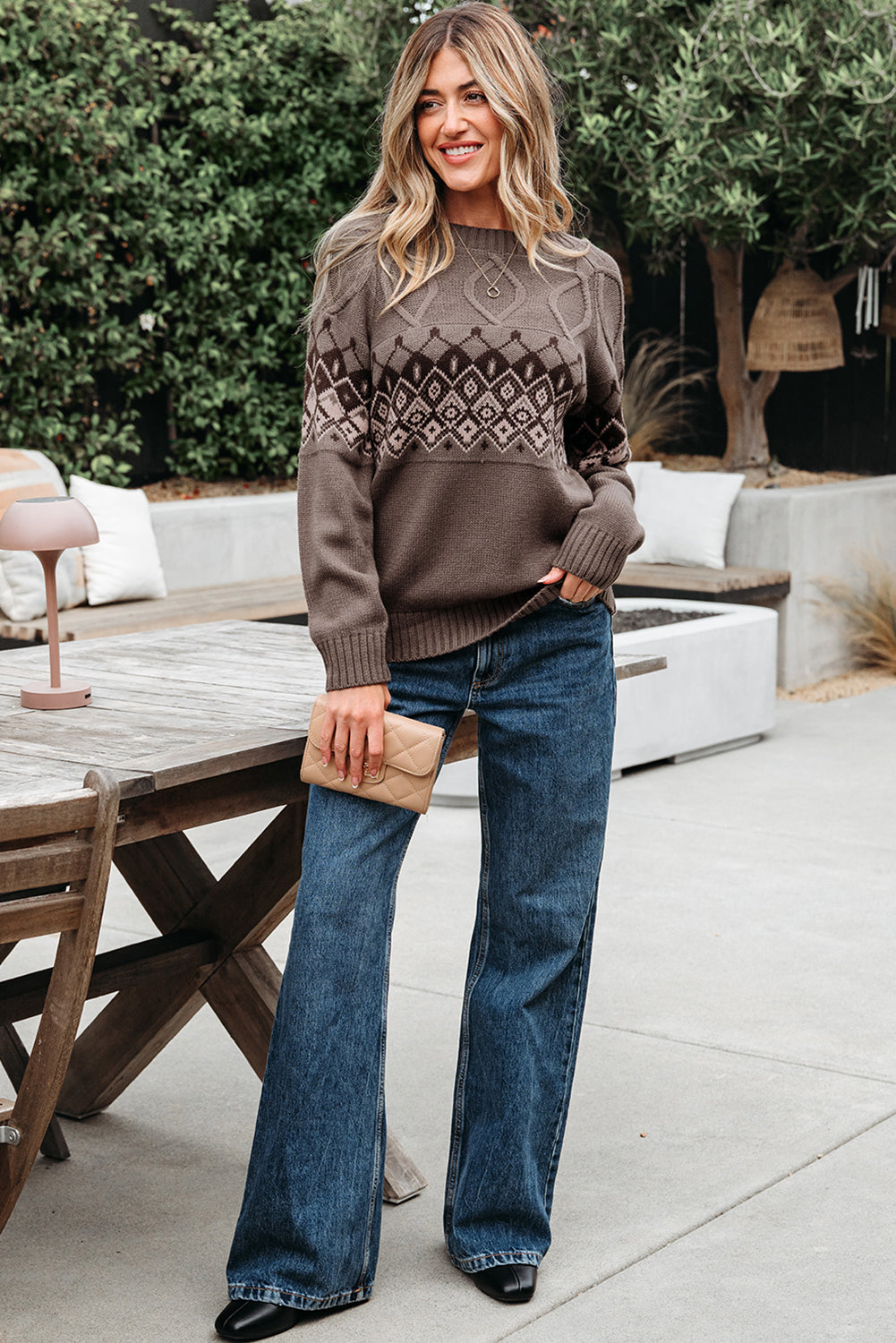Light French Beige Western Geometric Patterned Crew Neck Knitted Sweater Sweaters JT's Designer Fashion