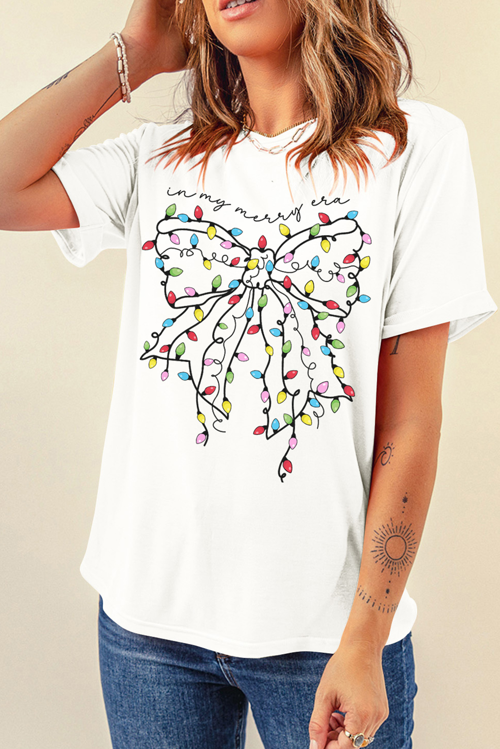White Colored Light Bowknot Graphic Crewneck T Shirt Graphic Tees JT's Designer Fashion