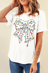 White Colored Light Bowknot Graphic Crewneck T Shirt Graphic Tees JT's Designer Fashion
