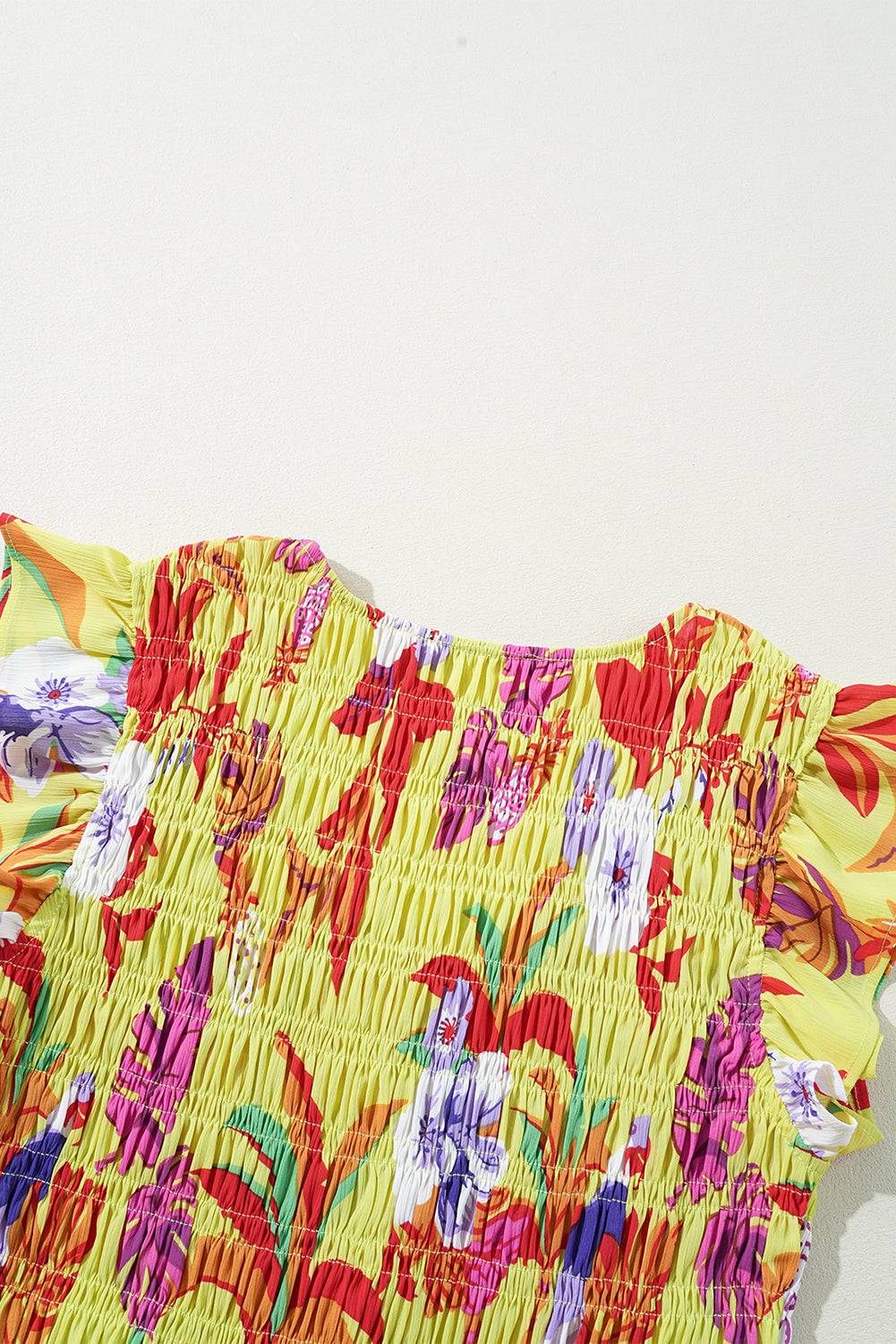 Yellow Cheetah Plant Print Shirred Button V Neck Long Dress Maxi Dresses JT's Designer Fashion
