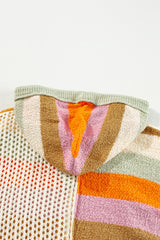 Beige Pointelle Knit Colorblock Patchwork V Neck Hooded Plus Sweater Plus Size Sweaters & Cardigans JT's Designer Fashion