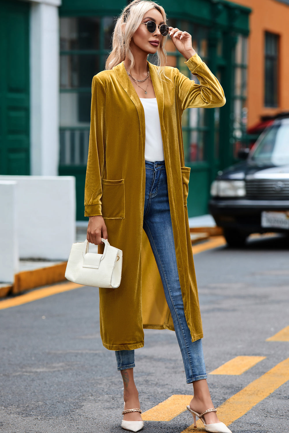 Yellow Velvet Open Front Pocketed Long Duster Sweaters & Cardigans JT's Designer Fashion