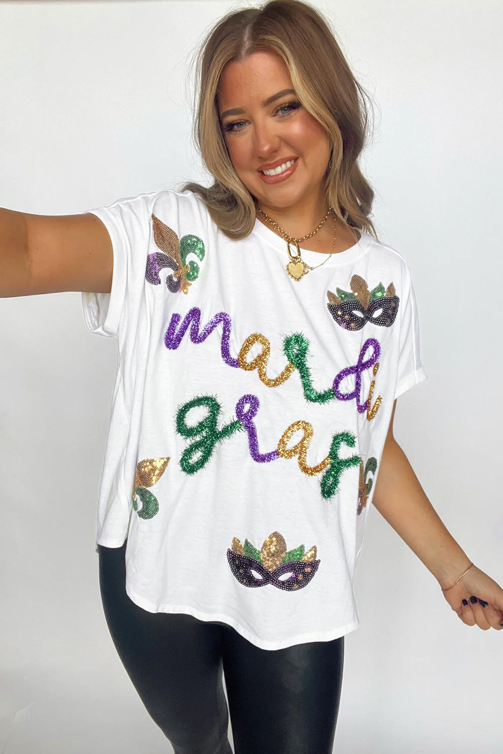 White Mardi Gras Tinsel Sequin Graphic T Shirt Graphic Tees JT's Designer Fashion