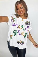 White Mardi Gras Tinsel Sequin Graphic T Shirt Graphic Tees JT's Designer Fashion