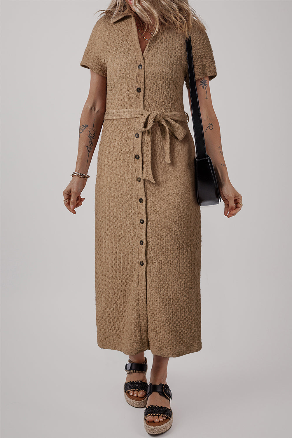 Buckskin Short Sleeve Textured Button Up Tie Waist Long Dress Maxi Dresses JT's Designer Fashion