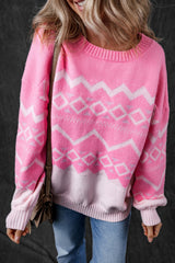 Pink Western Aztec Geometric Drop Shoulder Sweater Pink 42%Acrylic+30%Polyester+28%Polyamide Sweaters JT's Designer Fashion
