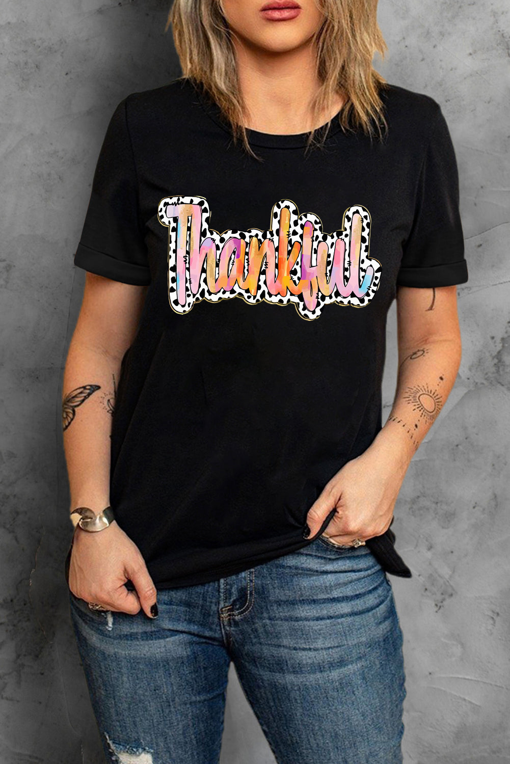 White Thankful Cow Print Crew Neck T Shirt Graphic Tees JT's Designer Fashion