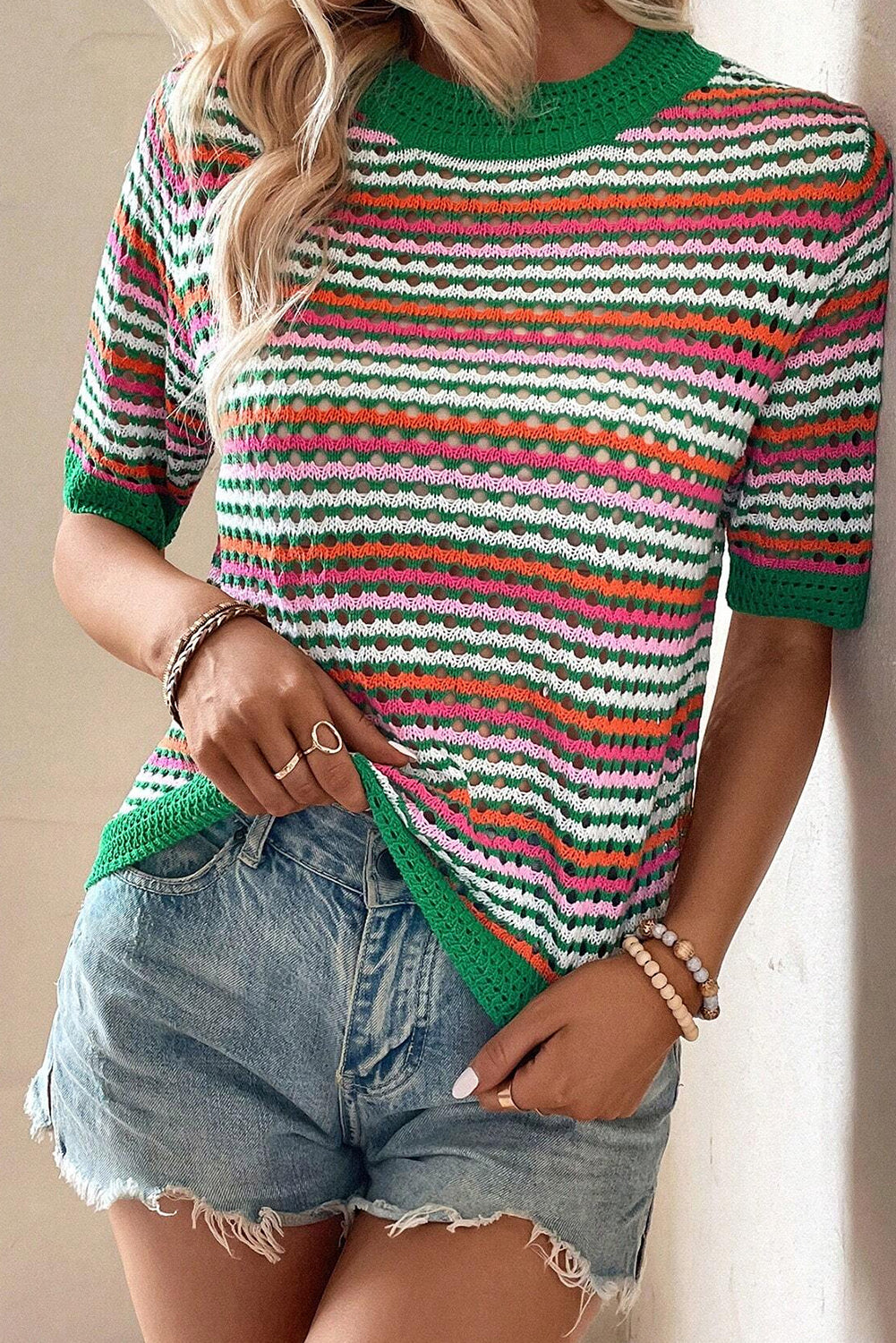 Dark Green Striped Pattern Hollow Out Contrast Trim Knit T Shirt Sweaters & Cardigans JT's Designer Fashion