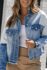 Sky Blue Color Block Denim Patchwork Frayed Hem Jacket Denim Jackets JT's Designer Fashion