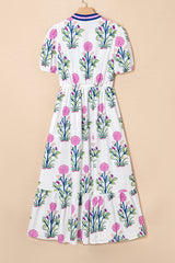 White Floral Puff Short Sleeve V Neck High Waist Maxi Dress Floral Dresses JT's Designer Fashion