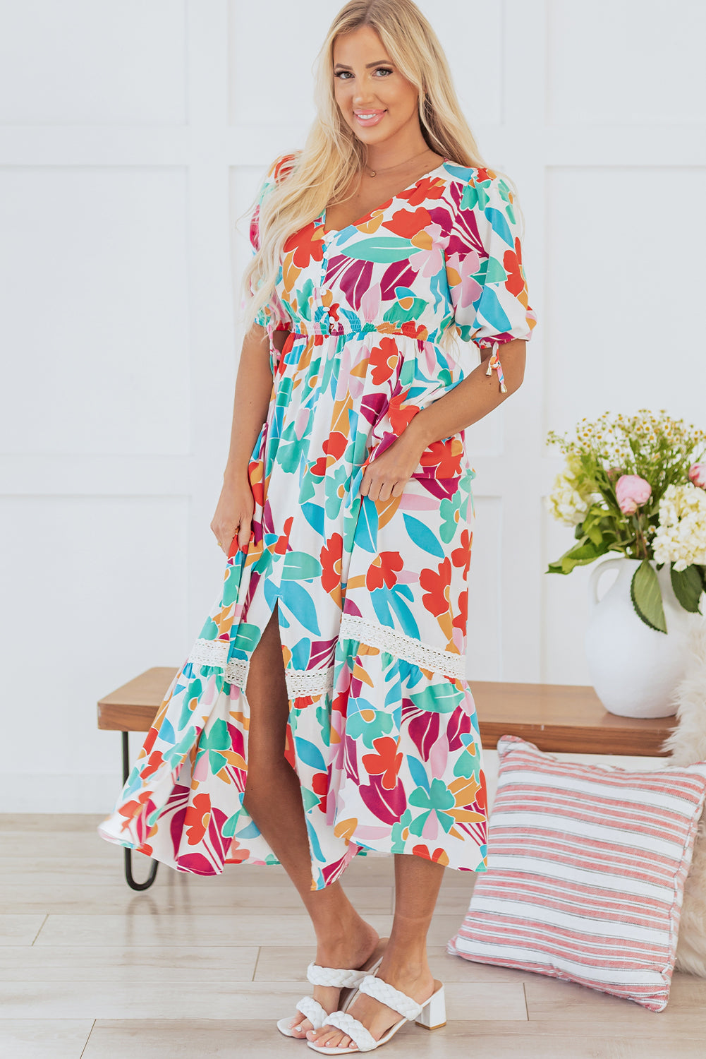 Rose Red Floral Knot Puff Sleeve V Neck Buttoned Front Split Lace Maxi Dress Floral Dresses JT's Designer Fashion