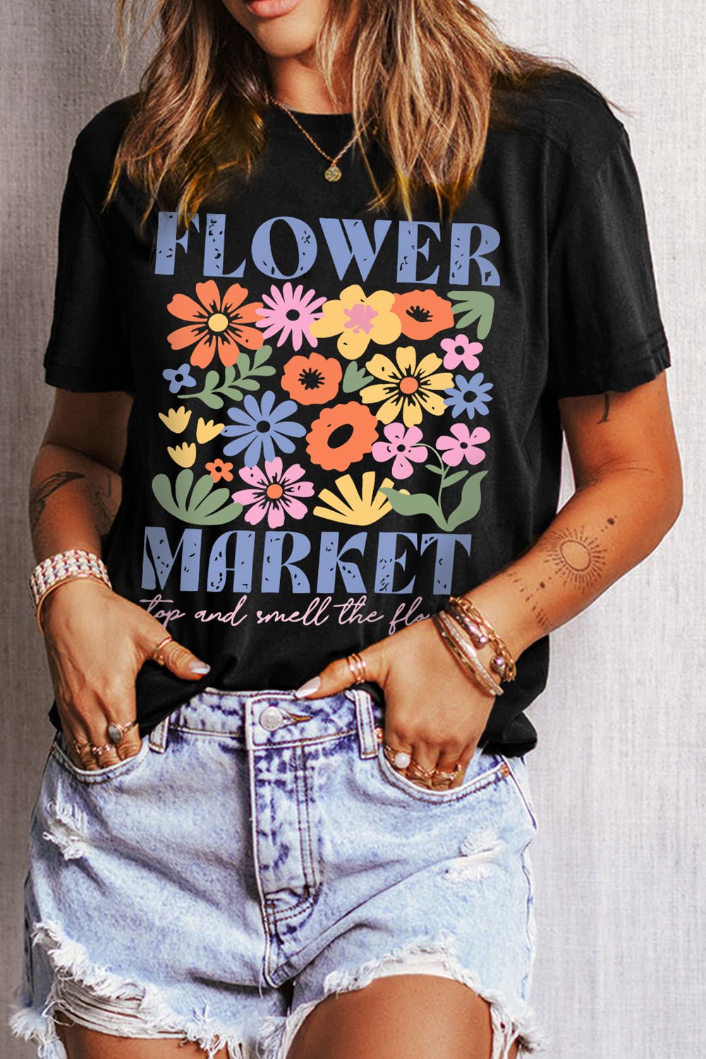 Black FLOWER MARKET Cotton Blend T Shirt Graphic Tees JT's Designer Fashion