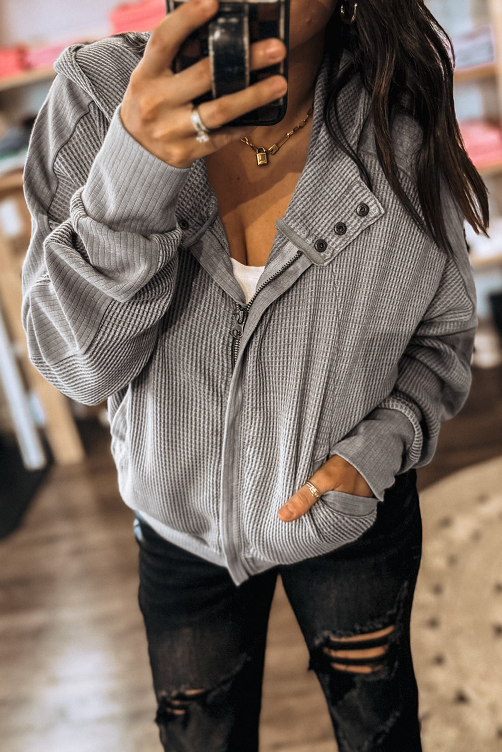 Gray Waffle Splicing Zip Up Front Button Hooded Jacket Gray 75%Polyester+25%Cotton Jackets JT's Designer Fashion